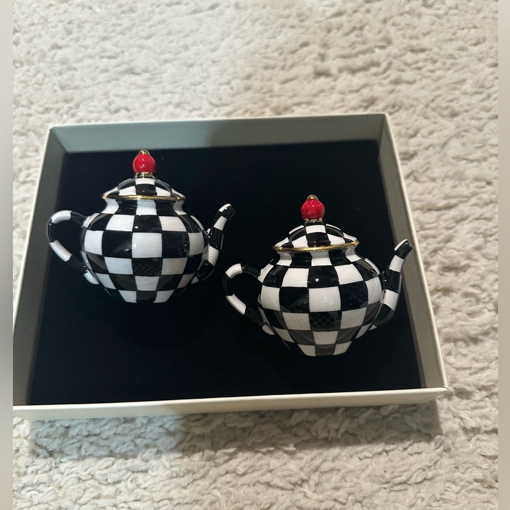 MacKenzie-Childs Black and White Checkered Teapot Salt and Pepper with Red Tops